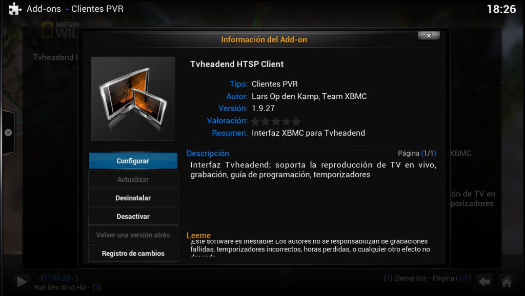 Instalación del cliente PVR de XBMC