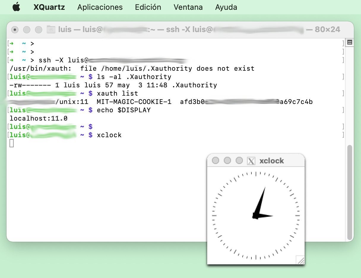 SSH y xclock como usuario 'luis'