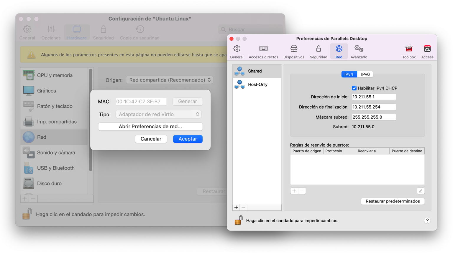 Configuración de red desde Parallels