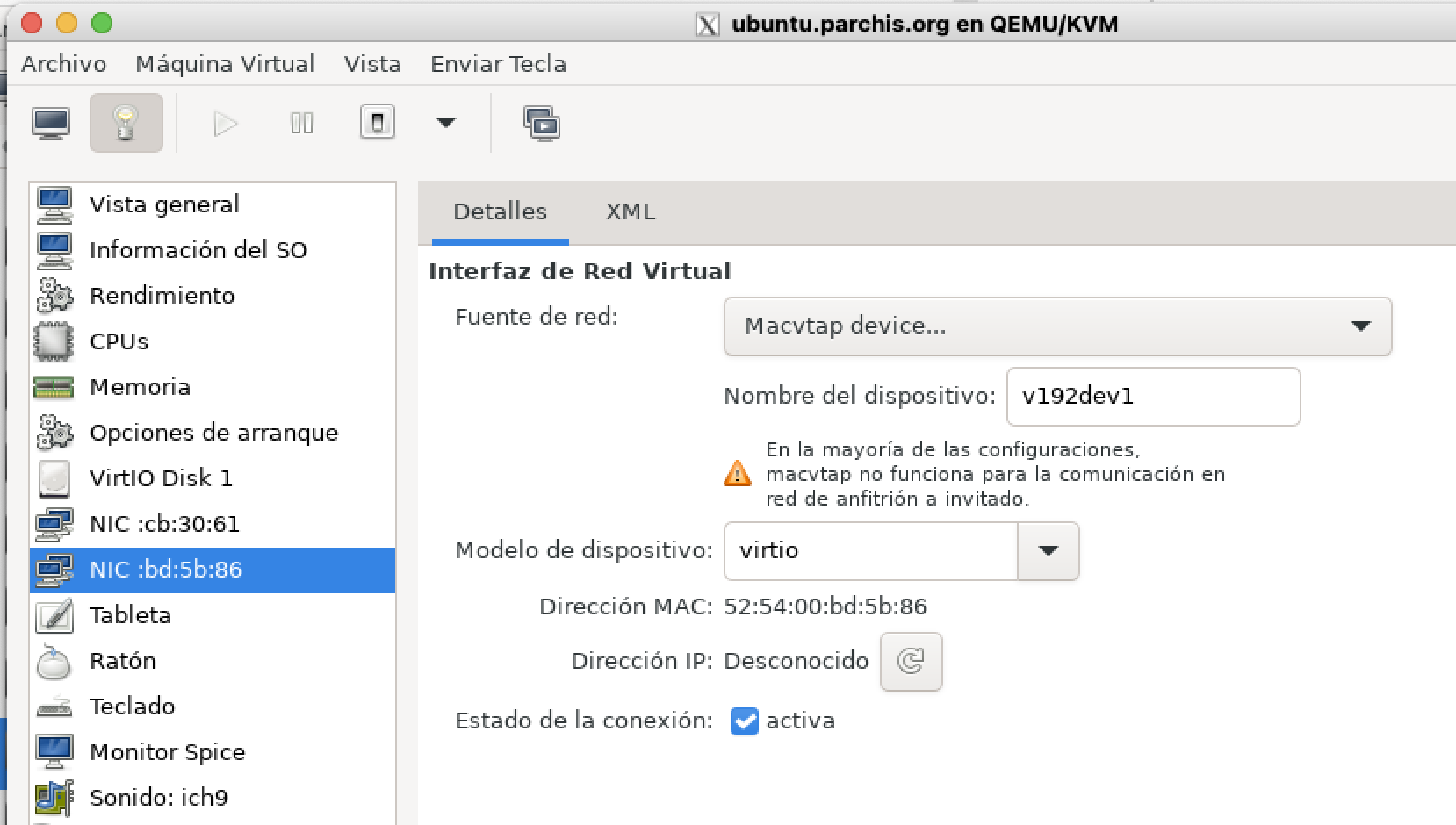 Asocio el puerto v192dev1 (vlan192) a la misma VM como 2ª interfaz