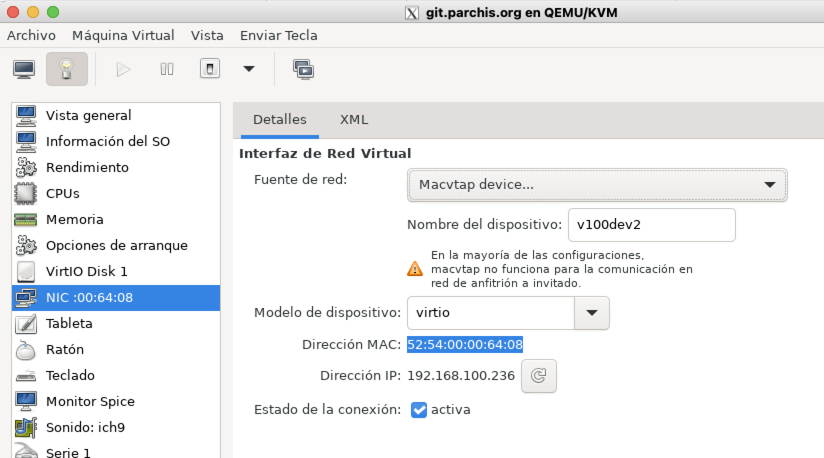 Asocio el puerto v10dev2 (vlan100) a la VM git