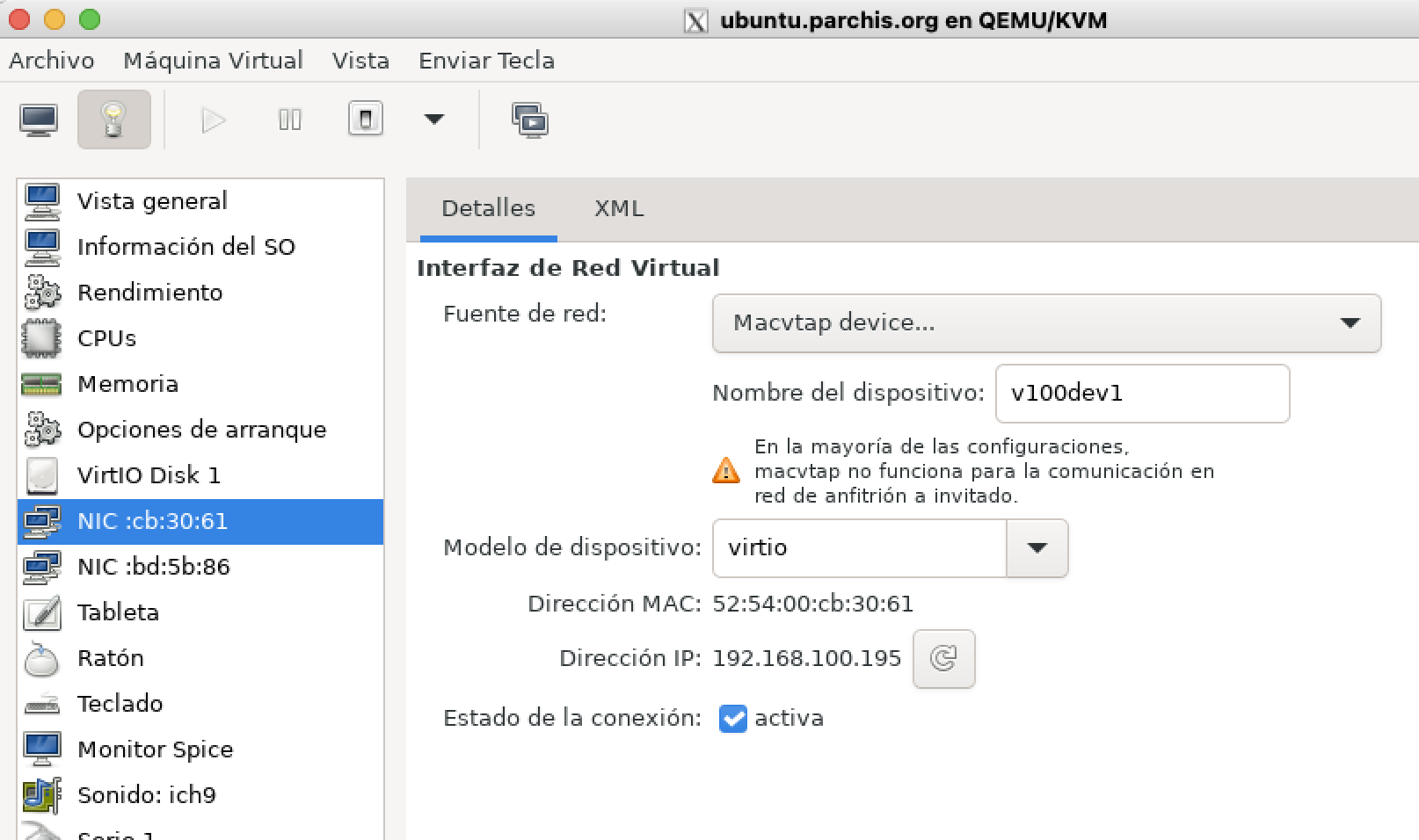 Asocio el puerto v100dev1 (vlan100) a la VM ubuntu