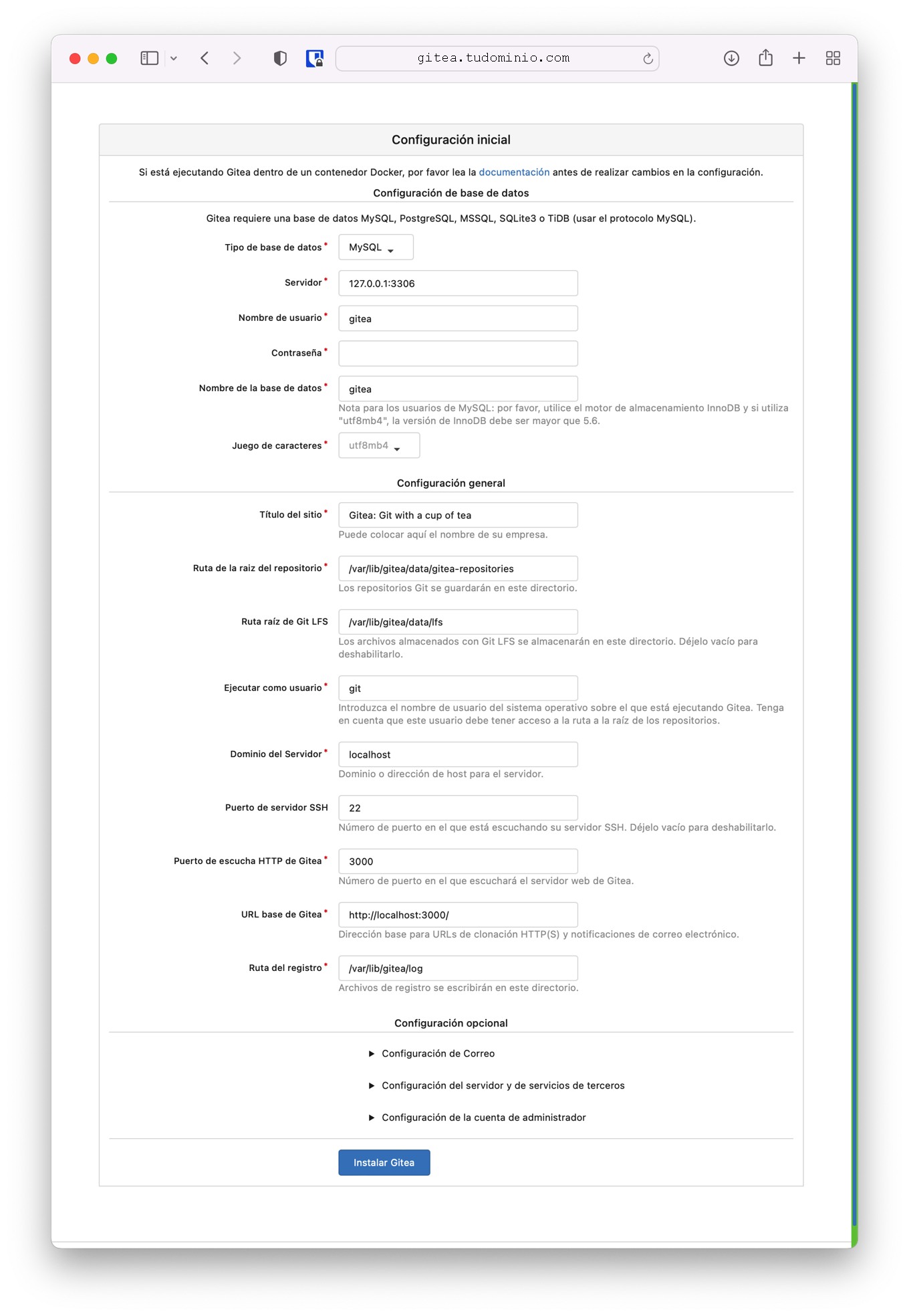 Conecto con la instalación de Gitea en http://git.tudominio.com:3000