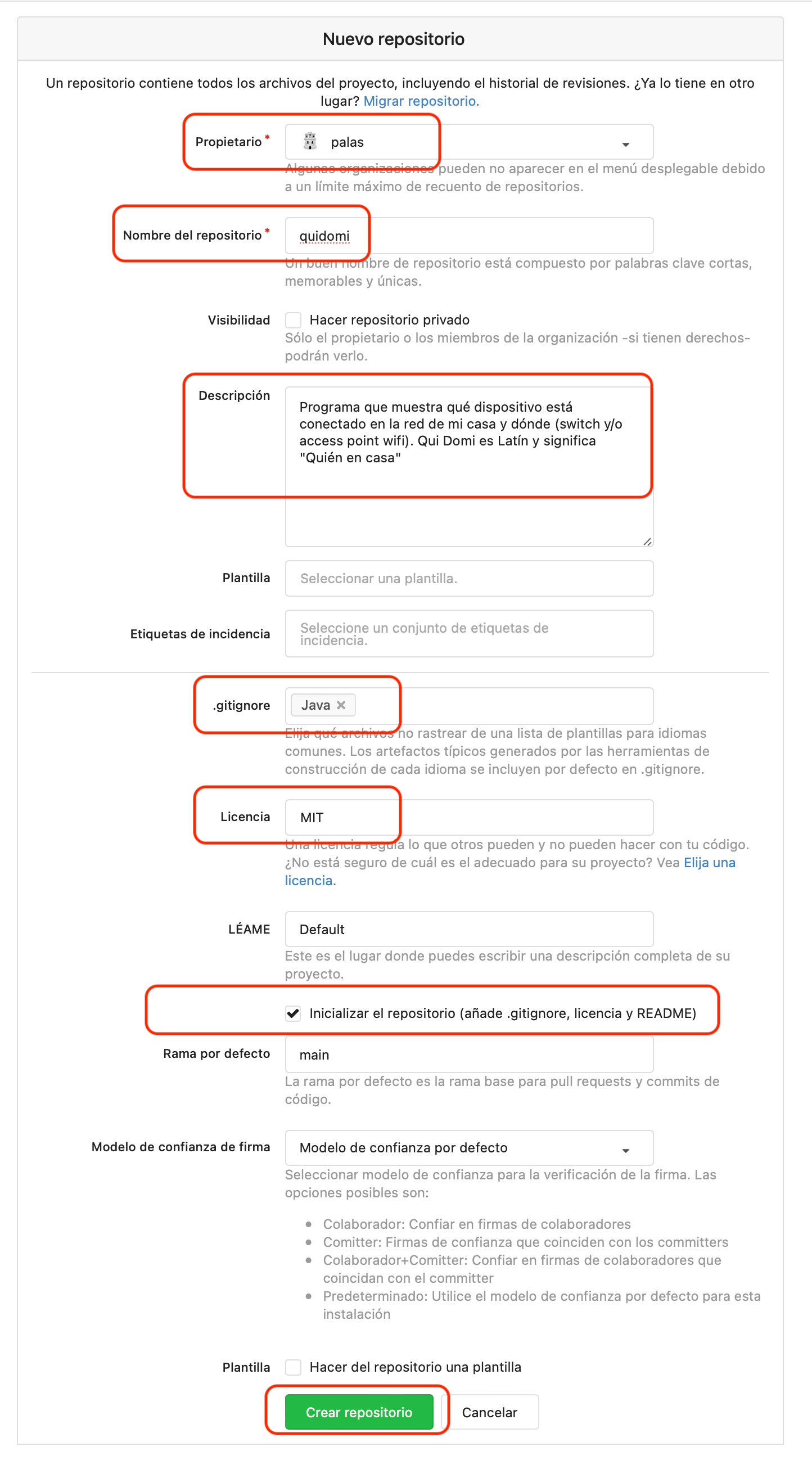Parámetros para la creación del repositorio