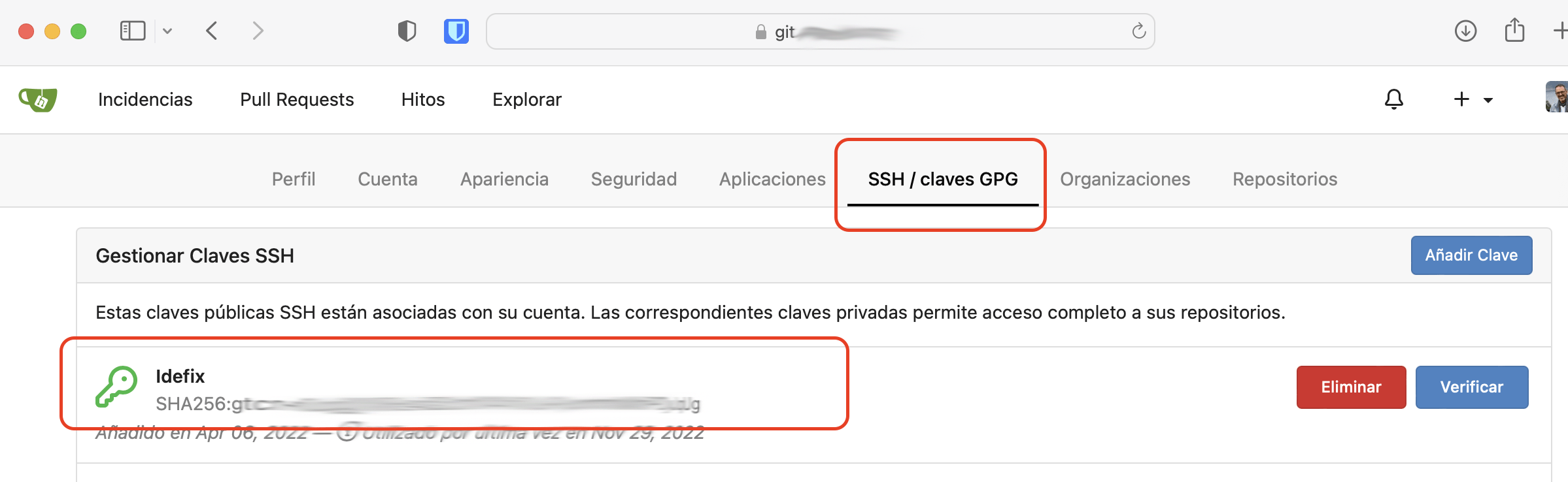Doy de alta mi clave en gitea