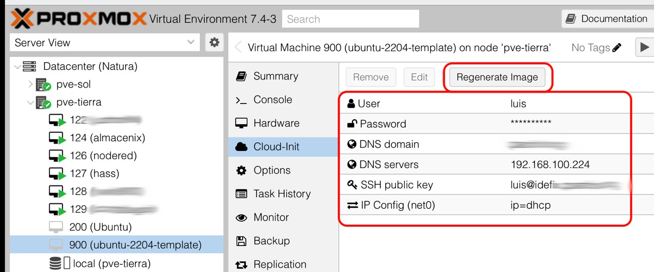 Parametrizo cloud-init y pulso en [Regenerate Image]