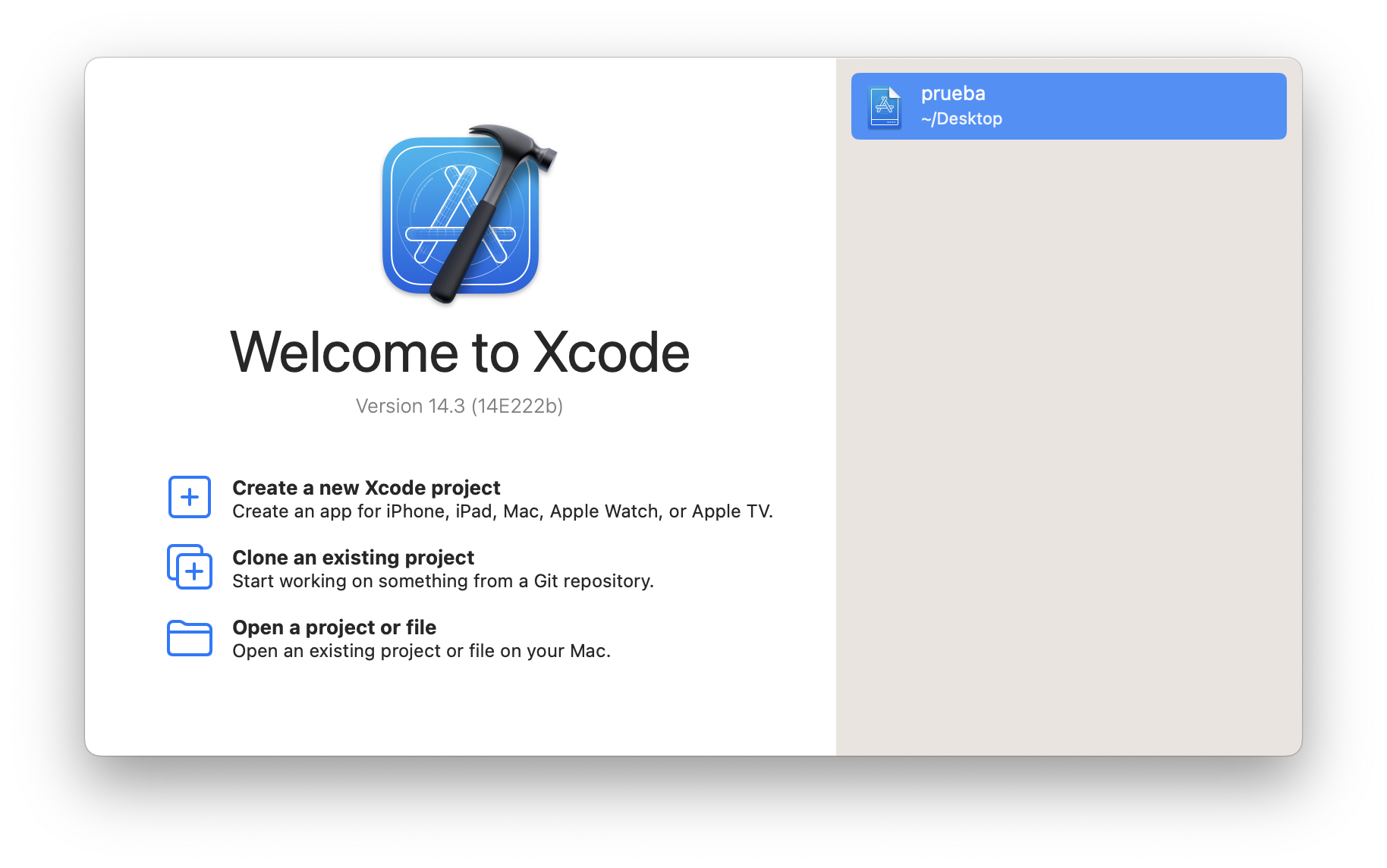 Pantalla de inicio de Xcode.