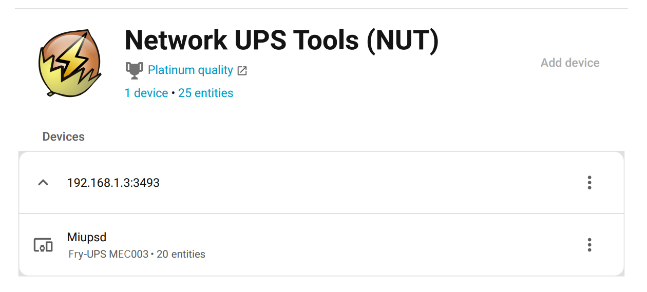 Configuración de NUT en Devices & Services en HASS