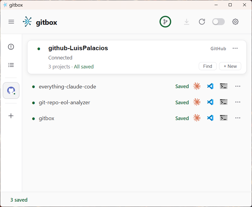 Gitbox with one GitHub account connected and three projects in the Saved state, each with buttons to open it in the AI assistant, the editor or the terminal