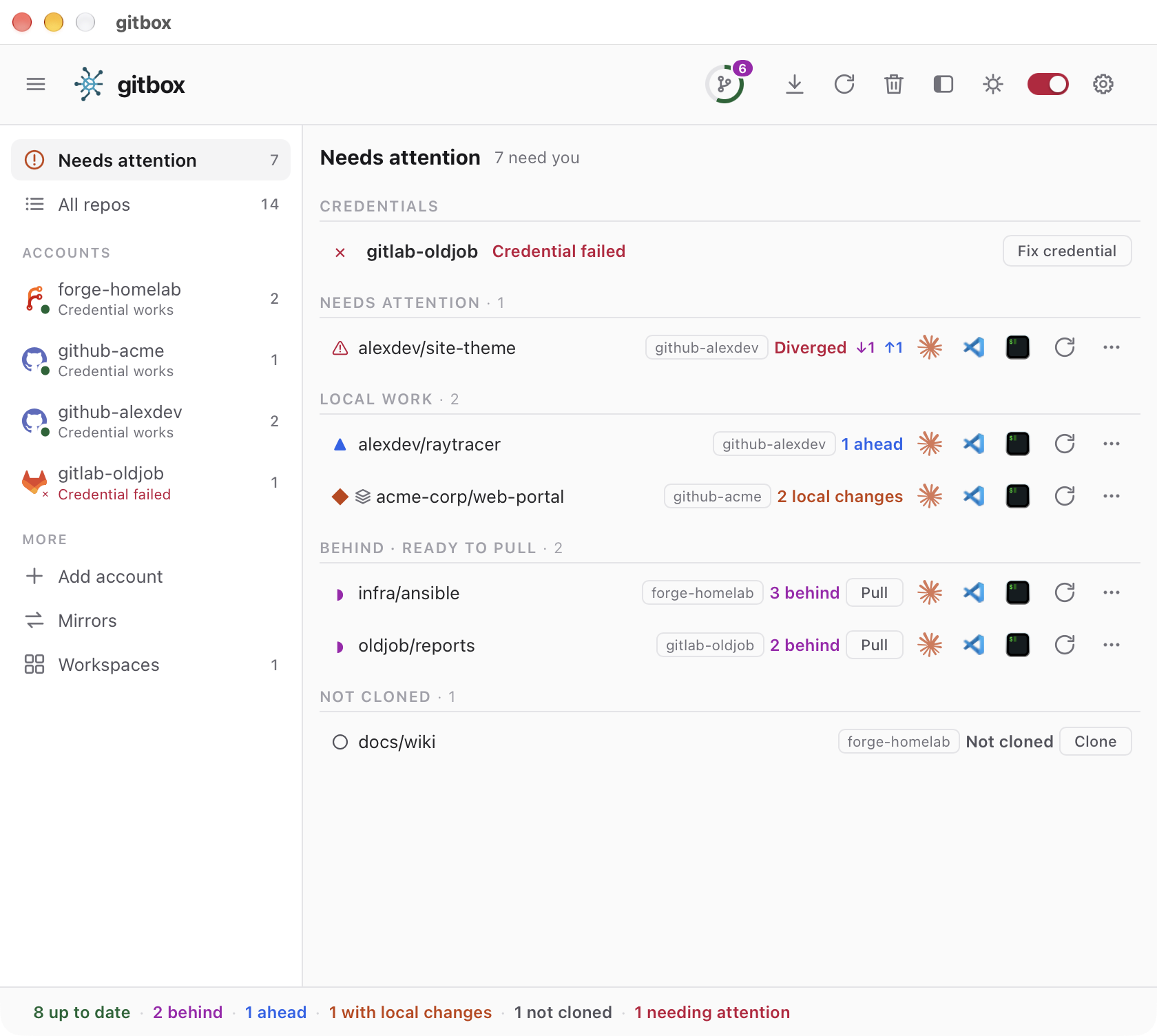 Gitbox en modo Avanzado: la barra lateral de cuentas y la vista Requiere atención, agrupada en credenciales, necesita atención, trabajo local, por detrás y no clonado
