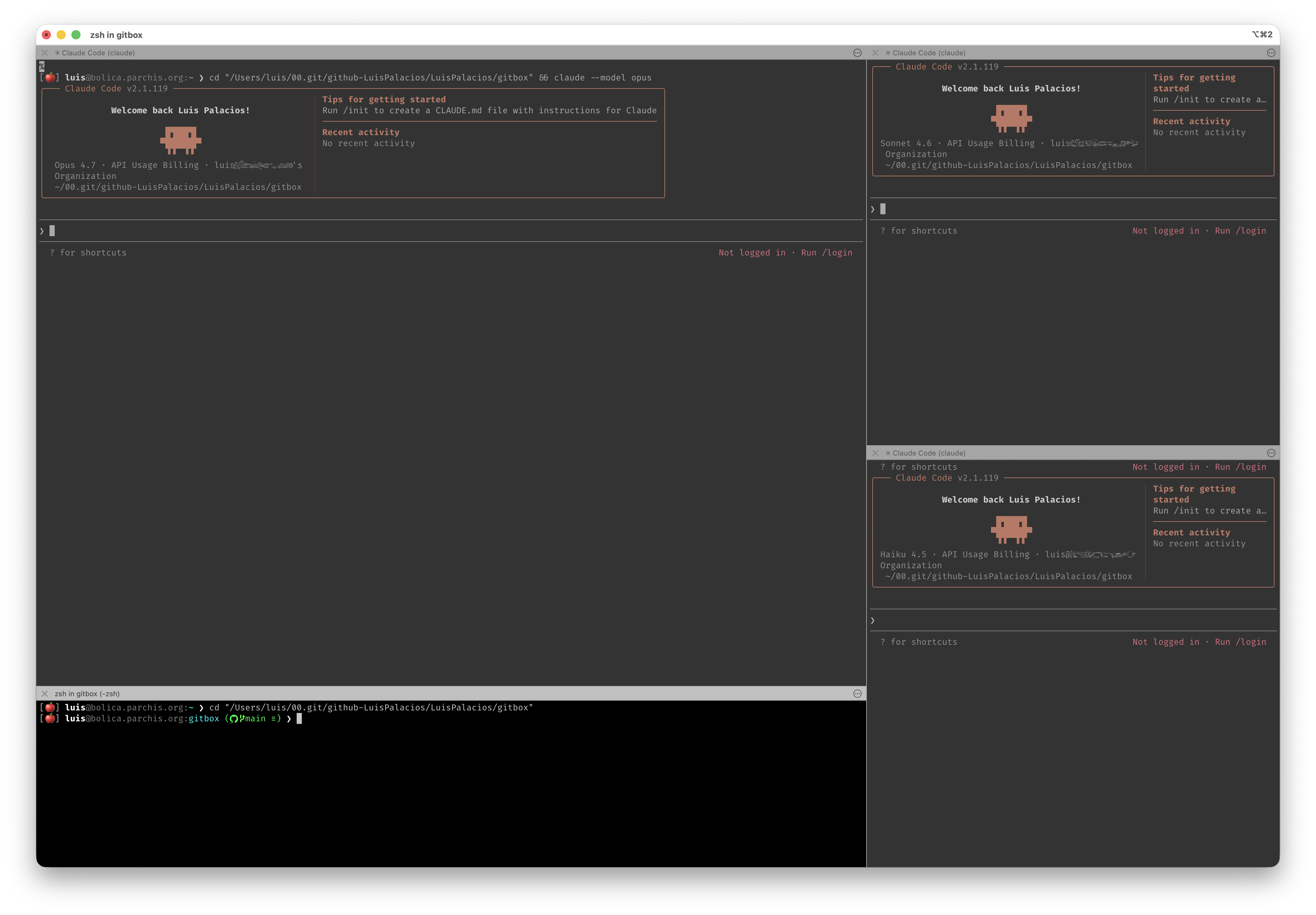 Modo IA: 4 paneles con opus, sonnet, haiku y shell